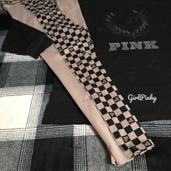 VS PINK Black Bling Logo Campus Tee WITH Checkered Ultimate Leggings EXTRA LARGE - Picture 5 of 11